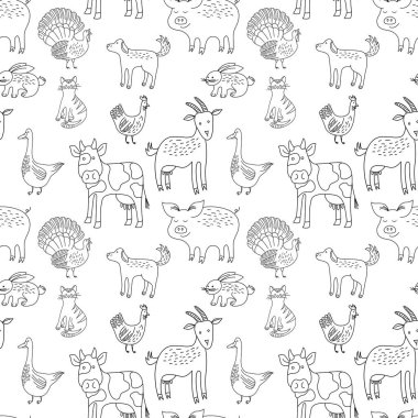 Elle çizilmiş çiftlik hayvanlarıyla kusursuz desen. Çizim illüstrasyonu.