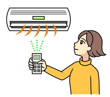 young woman turning on heater with remote control