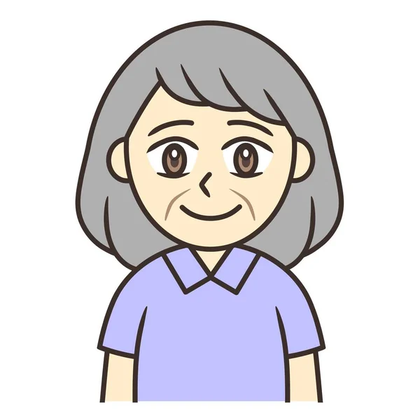 cartoon upper body portrait of senior woman smiling in purple shirt