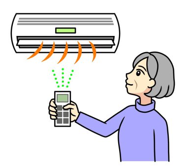 senior woman turning on heater with remote control