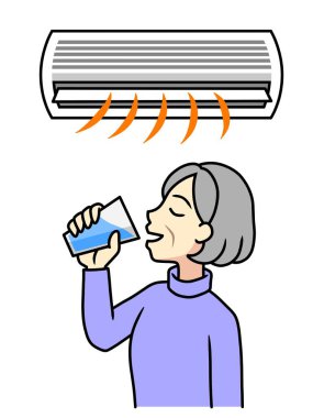 senior woman drinking glass of water with heater on in winter