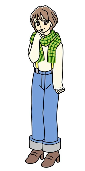 Eine Junge Frau Mit Grünem Schal Und Jeans — Stockfoto