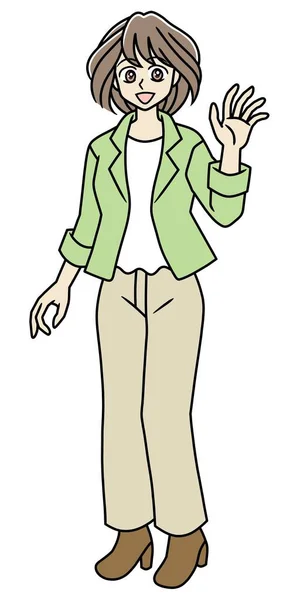Uma Jovem Mulher Casaco Verde Calças Bege — Fotografia de Stock