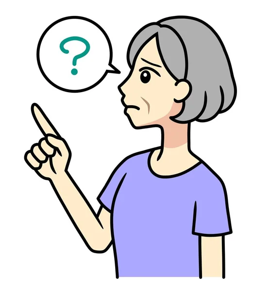 Senior Woman Pointing Upward Question Mark — Stock Photo, Image