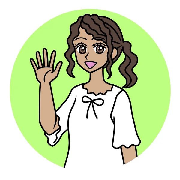 緑の円で彼女の手を上げるポニーテールの髪を持つ若い女性 — ストック写真