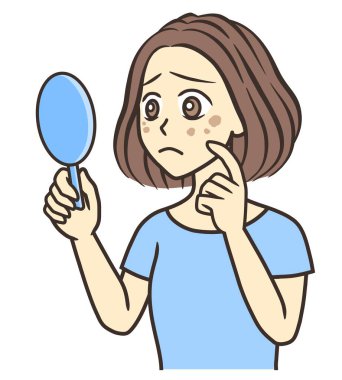 woman looking at blemishes in hand mirror
