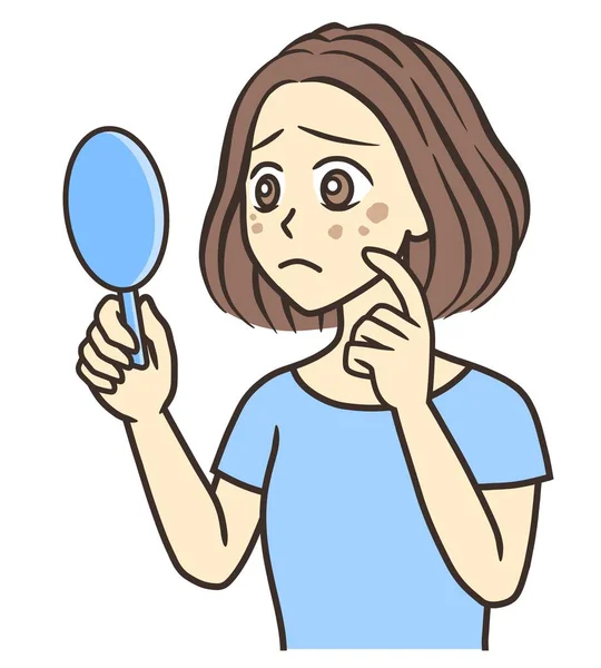 Uma Mulher Olhando Para Manchas Espelho Mão — Fotografia de Stock