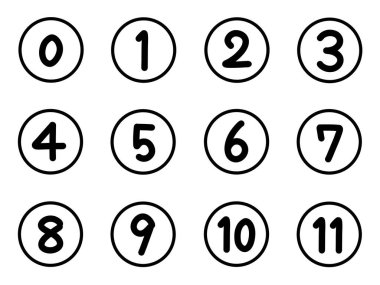 0 'dan 11' e kadar el yazısıyla yazılmış sayılar kümesi.