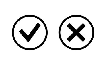 Simgeleri kontrol edin. Piktogramları onayla ve reddet. Doğru işaret, yeşil evet ve kırmızı sembol yok. Başarı ya da başarısızlık testi. Arayüz düz vektör illüstrasyonunun düğme web ögesini onayla ve sil.