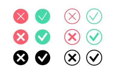 Simgeleri kontrol edin. Piktogramları onayla ve reddet. Doğru işaret, yeşil evet ve kırmızı sembol yok. Başarı ya da başarısızlık testi. Arayüz düz vektör illüstrasyonunun düğme web ögesini onayla ve sil.