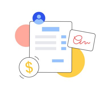 Fatura ya da vergi formu şablonu. Ödeme süreci, kağıt kontrol konsepti. Gelir, fatura ve vergilendirme. Metin, pul ve imzalı mali belge. Satın alma, işlem ve iş vektörü illüstrasyonu