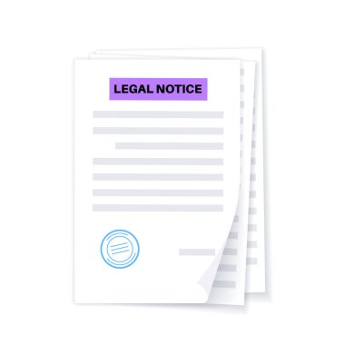 Legal notice concept. Document with text, stamp, seal and signature. Contract mockup with agreement. Realistic file with shadow effect. Approve stamp. Financial, paperwork concept vector illustration. clipart