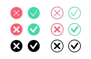 Simgeleri kontrol edin. Piktogramları onayla ve reddet. Doğru işaret, yeşil evet ve kırmızı sembol yok. Başarı ya da başarısızlık testi. Arayüz düz vektör illüstrasyonunun düğme web ögesini onayla ve sil.