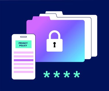 Gizlilik politikası. İnternetteki akıllı telefondan ifade ya da yasal belge. Gizlilik hukuku belgeleri. Müşteri ya da dijital beyanname hakkında kişisel bilgiler. İş için düz vektör illüstrasyonu
