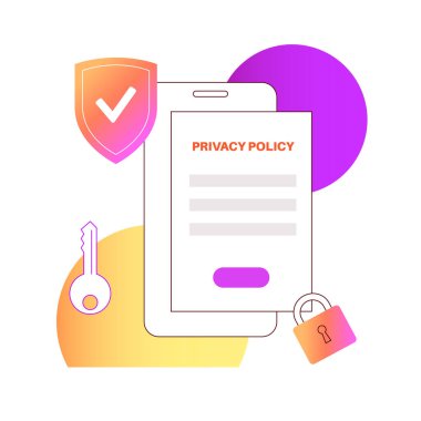 Gizlilik politikası. İnternetteki akıllı telefondan ifade ya da yasal belge. Gizlilik hukuku belgeleri. Müşteri ya da dijital beyanname hakkında kişisel bilgiler. İş için düz vektör illüstrasyonu