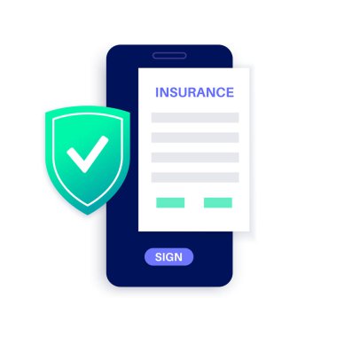 Sigorta formu çevrimiçi. Araba, sağlık veya ev güvenliği kavramı. Dijital anlaşma, akıllı telefondan internetten sigorta satın alma planı. Mali kayıp düz vektör illüstrasyonundan emlak koruması