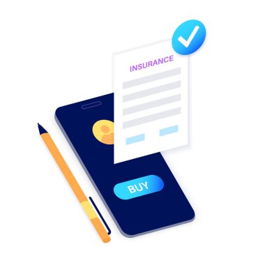 Sigorta formu çevrimiçi. Araba, sağlık veya ev güvenliği kavramı. Dijital anlaşma, akıllı telefondan internetten sigorta satın alma planı. Mali kayıp düz vektör illüstrasyonundan emlak koruması