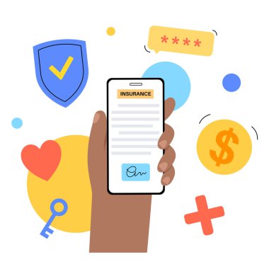 Sigorta formu çevrimiçi. Araba, sağlık veya ev güvenliği kavramı. Dijital anlaşma, akıllı telefondan internetten sigorta satın alma planı. Mali kayıp düz vektör illüstrasyonundan emlak koruması