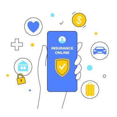 Sigorta formu çevrimiçi. Araba, sağlık veya ev güvenliği kavramı. Dijital anlaşma, akıllı telefondan internetten sigorta satın alma planı. Mali kayıp düz vektör illüstrasyonundan emlak koruması