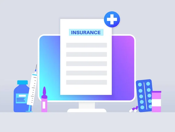 健康保険はオンラインで形成される 医療と生命保護の概念 デジタル契約 コンピュータ上のインターネット上で保険プランを購入します 診療所や病院の財政カバーベクトルイラスト — ストックベクタ