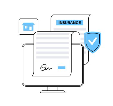 Ev sigortası çevrimiçi. Ev koruması, emlak konsepti. Dijital anlaşma, internetten sigorta satın alma planı. Mülkiyet koruması, finansal kapsama vektörü illüstrasyonu