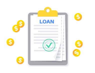 Kredi kağıdı sayfası belgesi. Bireyler ya da kuruluşlar için bankadan borç para almış. Araba, düğün, ev, iş için kişisel sabit faiz oranı. Ajans düz vektör illüstrasyonunda borç para.