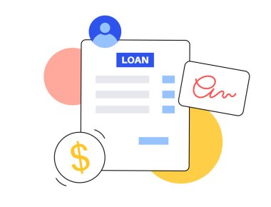 Kredi kağıdı sayfası belgesi. Bireyler ya da kuruluşlar için bankadan borç para almış. Araba, düğün, ev, iş için kişisel sabit faiz oranı. Ajans düz vektör illüstrasyonunda borç para.