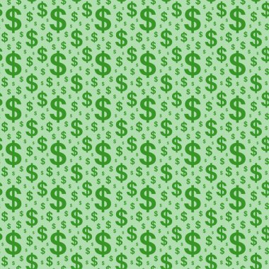 Dolar sembolü kusursuz desen. Nakit ikonlar, para grafikleri. Dekorasyon kağıdı ya da duvar kağıdı. Maaş zamanı. Bankacılık ya da ticaret. Yeşil arka planda finans veya yatırım düz vektör çizimi