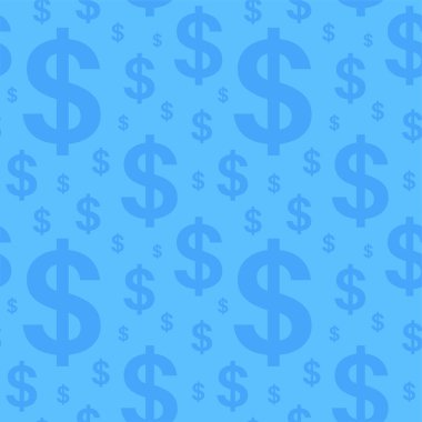 Dolar sembolü kusursuz desen. Nakit ikonlar, para grafikleri. Dekorasyon kağıdı ya da duvar kağıdı. Maaş zamanı. Bankacılık ya da ticaret. Mavi arka planda finans veya yatırım düz vektör çizimi