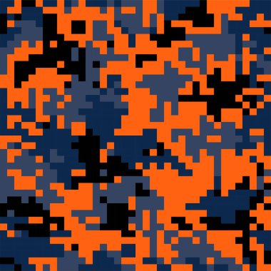 Gri turuncu kamuflaj kusursuz desen. Tekstil üzerindeki dijital pikseller. Modern kamuflaj üniforması, renkli sokak kıyafetleri kumaşı. Çoklu renkli askeri ya da moda duvar kağıdı düz vektör çizimi.