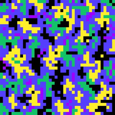 Renkli kamuflajsız desen. Neon baskı, tekstil üzerindeki dijital pikseller. Modern kamuflaj üniforması, sokak kıyafetleri kumaşı. Çoklu renkli askeri ya da moda duvar kağıdı düz vektör çizimi.