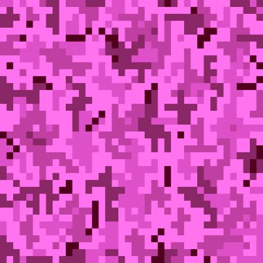 Pembe kamuflaj, kusursuz kadın deseni. Feminizm kavramı. Dijital piksel fayanslar. Magenta moda tekstili. Sokak kıyafetleri için modern renkli kamuflaj dokusu. Çoklu renkli duvar kağıdı düz vektör çizimi