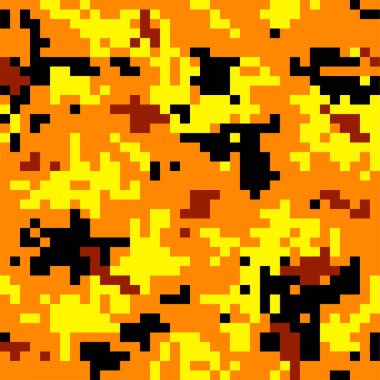 Turuncu kamuflaj kusursuz desen. Tekstil üzerindeki dijital pikseller. Modern kamuflaj üniforması, renkli sokak kıyafetleri kumaşı. Çoklu renkli askeri ya da moda duvar kağıdı düz vektör çizimi.