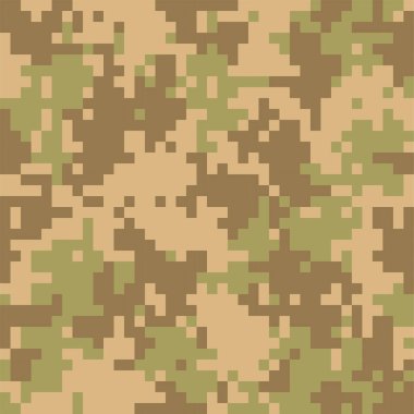 Kamuflaj kusursuz desen. Çöl bölgesi için haki dijital pikseller. Askeri bej tekstil. Savaştaki askerler için modern kamuflaj üniforması. Çoklu renkli askeri duvar kağıdı düz vektör çizimi.