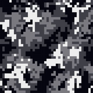 Kamuflaj kusursuz desen. Siyah beyaz gri dijital pikseller. Askeri tekstil konsepti. Savaştaki askerler için modern kamuflaj üniforması. Çoklu renkli askeri duvar kağıdı vektör illüstrasyonu