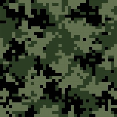 Kamuflaj kusursuz desen. Haki dijital pikseller. Marpaat ormanlık askeri tekstil. Savaştaki askerler için modern kamuflaj üniforması. Çoklu renkli askeri duvar kağıdı düz vektör çizimi.