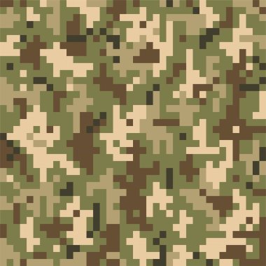 Kamuflaj kusursuz desen. Haki dijital pikseller. Orman ya da orman askeri tekstil. Savaştaki askerler için modern kamuflaj üniforması. Çoklu renkli askeri duvar kağıdı düz vektör çizimi.