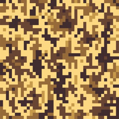 Kamuflaj kusursuz desen. Çöl bölgesi için haki dijital pikseller. Askeri bej tekstil. Savaştaki askerler için modern kamuflaj üniforması. Çoklu renkli askeri duvar kağıdı düz vektör çizimi.