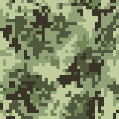 Kamuflaj kusursuz desen. Haki dijital pikseller. Orman ya da orman askeri tekstil. Savaştaki askerler için modern kamuflaj üniforması. Çoklu renkli askeri duvar kağıdı düz vektör çizimi.