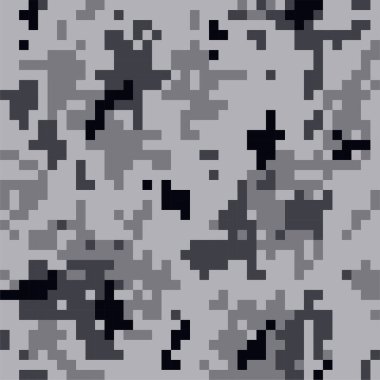 Kamuflaj kusursuz desen. Siyah beyaz gri dijital pikseller. Askeri tekstil konsepti. Savaştaki askerler için modern kamuflaj üniforması. Çoklu renkli askeri duvar kağıdı vektör illüstrasyonu
