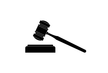 Wooden black gavel icon of justice in the courthouse. Concept of justice and judgment. Legal punishment or verdict decision. Authority logo. Flat vector illustration for web banner.