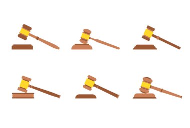 Wooden golden gavel icon of justice in the courthouse. Concept of justice and judgment. Legal punishment or verdict decision. Authority logo. Realistic vector illustration for web banner.