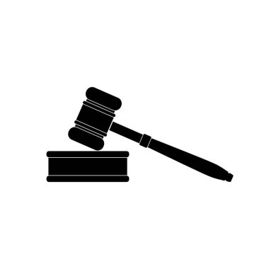 Wooden black gavel icon of justice in the courthouse. Concept of justice and judgment. Legal punishment or verdict decision. Authority logo. Flat vector illustration for web banner.