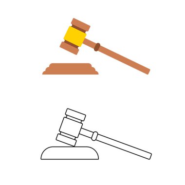 Wooden golden gavel icon of justice in the courthouse. Concept of justice and judgment. Legal punishment or verdict decision. Authority logo. Realistic and linear vector illustration for web banner.