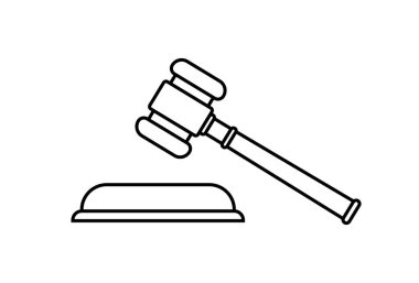 Wooden gavel linear icon of justice in the courthouse. Concept of justice and judgment. Legal punishment or verdict decision. Authority logo. Flat vector illustration for web banner.