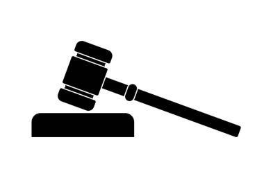 Wooden black gavel icon of justice in the courthouse. Concept of justice and judgment. Legal punishment or verdict decision. Authority logo. Flat vector illustration for web banner.