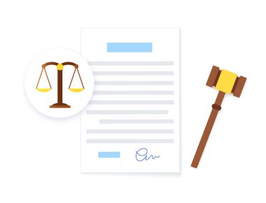 Justice and legal work concept. lawyer consultation, legal punishment or verdict decision. Gavel and scale symbols. Judicial act and paper jurisdiction documentation flat vector illustration for court