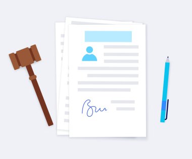 Justice and legal work concept. lawyer consultation, legal punishment or verdict decision. Wooden gavel symbol. Judicial act and paper jurisdiction documentation flat vector illustration for court