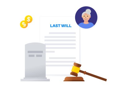 Last weel form paper document. Legal work and lawyer consultation. Death planning for old age people. Testament and inheritance contract. Finance letter, agreement signing flat vector illustration.
