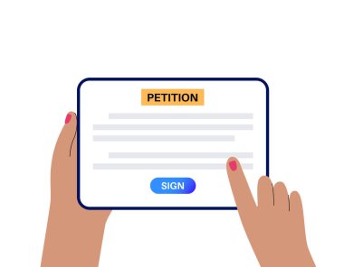 Digital petition signing on tablet. Online counting of signatures concept. Written document signed by numerous individuals. Request to the government official or public entity flat vector illustration clipart